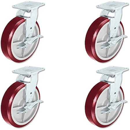 Casterhq 8"x2" Swivel Caster Hvy Dty Polyurethane Wheel W/Brakes 950lbs Ea, PK4 8ITBCSO4-S9